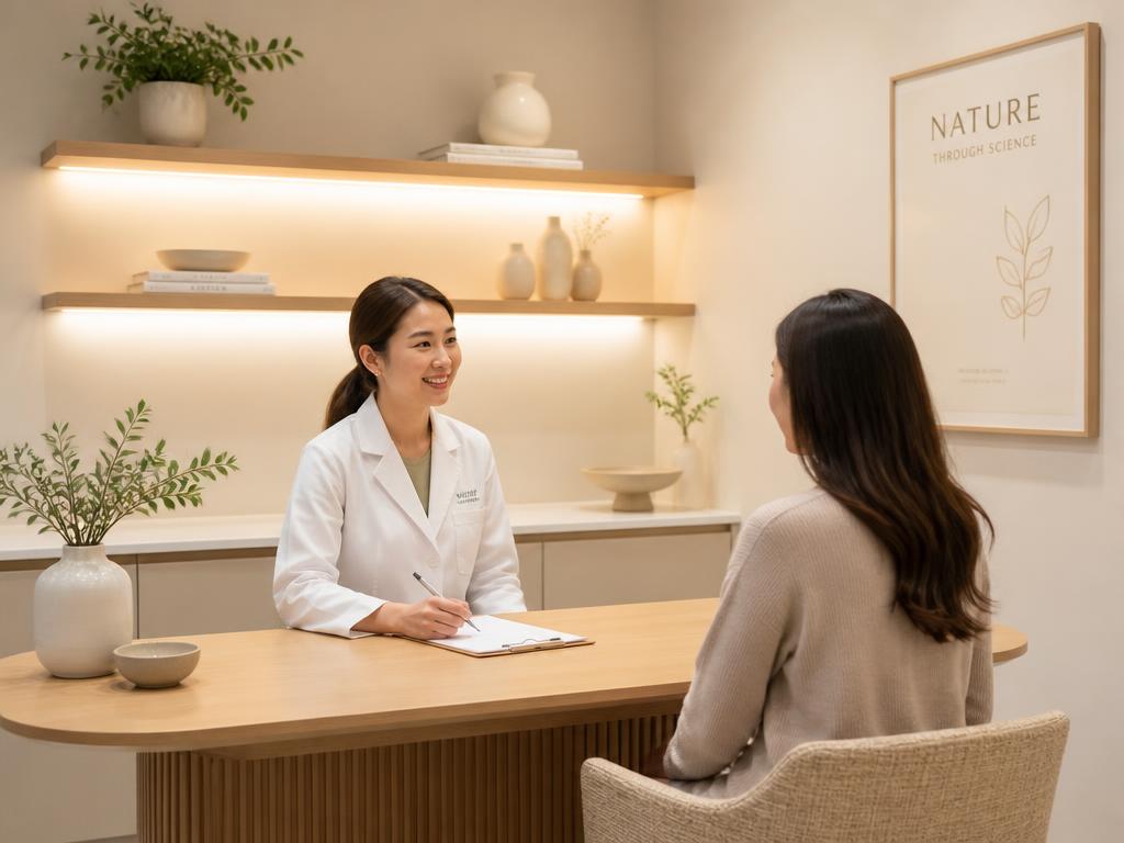 Dr. Priya consulting with a patient in a calm, modern clinic